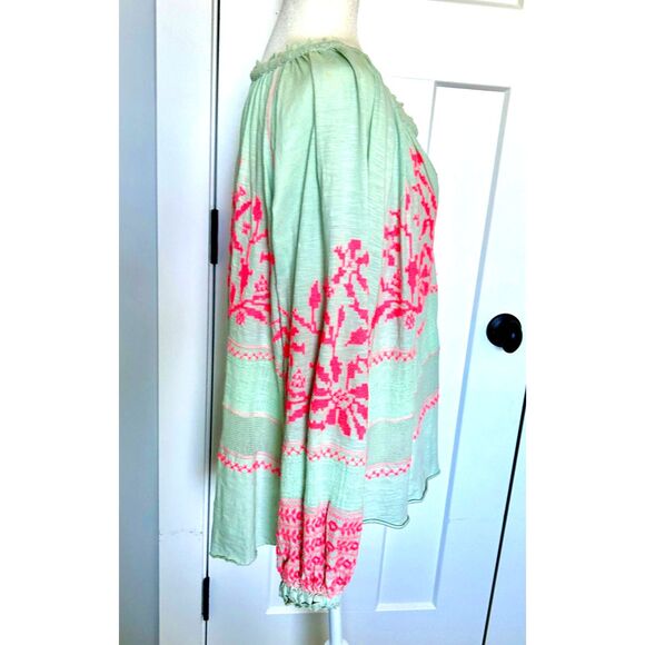 Free People Woven Embroidered Bohemian Style Blouse Mint Green Coral Size S - Picture 6 of 7